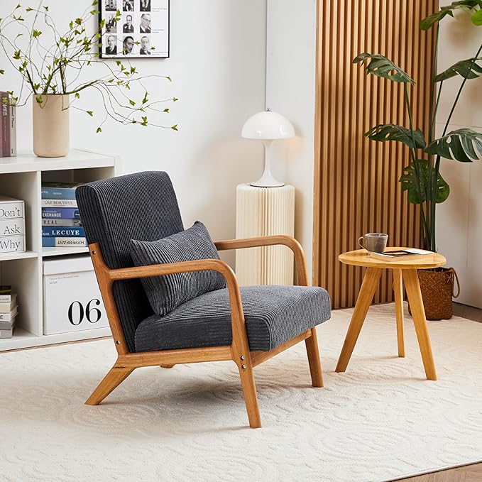 Mid Century Modern Accent Chair Arm Chair Living Room Chairs with Pillow Upholstered Reading Chair with Solid Wood e Living Room Bedroom Balcony (Antique Dark Grey)