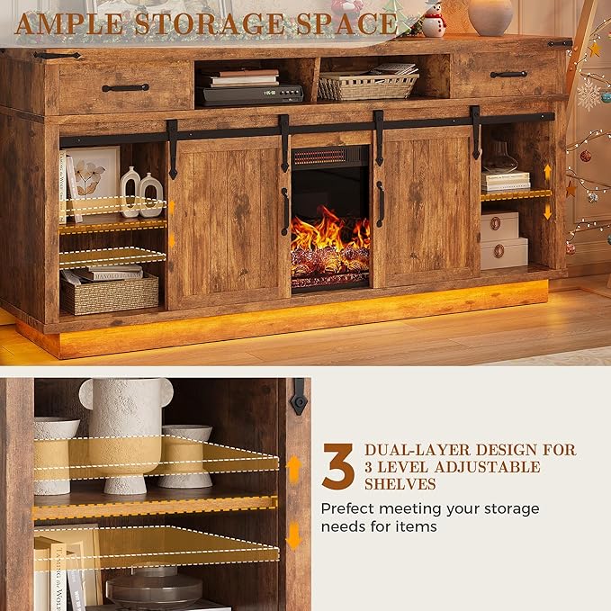 Fireplace TV Stand for TVs up to 65 Electric Fireplace with 3D Flame Farmhouse LED Light Entertainment Center TV Console with with 2 Drawers Sliding Barn Door for Living Room - Brown