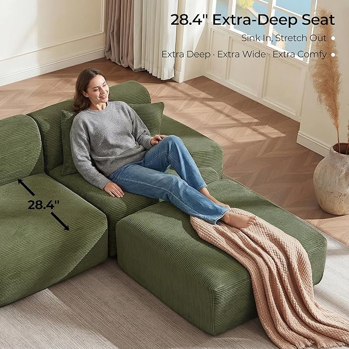 CHITA Modular L-Shaped Sectional Sofa Deep Seat Modern Comfy Couches for Living Room Oversized Boneless Sofas with Large Ottoman Corduroy Upholstery Green No Assembly Required