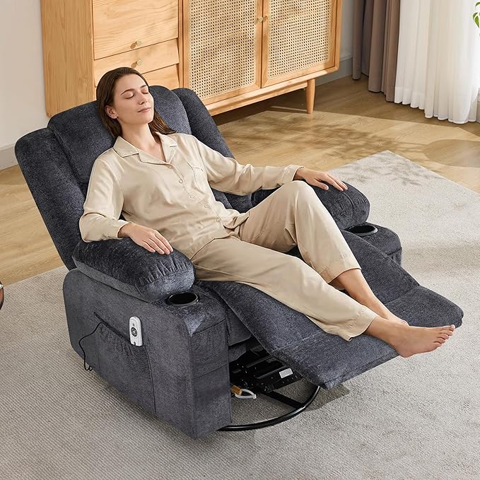 Swivel Recliner Chair for AdultsOversized Rocker Recliner with Massage and Lumbar HeatRocking Chair with Side Pocket2 Cup Holdersfor Living Room