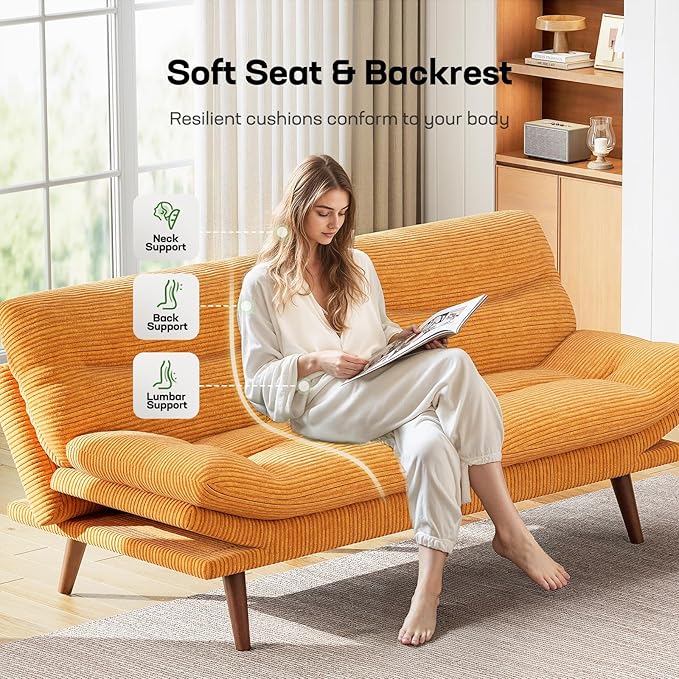 Marsail Futon Sofa Bed 66” Futon Couch with Adjustable Backrest &amp Armrests Convertible Small Sleeper Sofa Bed for Small Apartments Study Room Office Corduroy Loveseat Yellow