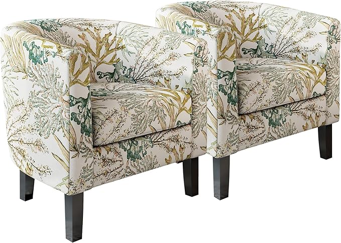 BELLEZE Living Room Chairs Set of 2 Linen Round Accent Barrel Chairs Club Tub Sofa Chairs for Bedroom Corner Chairs with Flared Legs and Cozy Soft Padding - Highland (Green Coral)