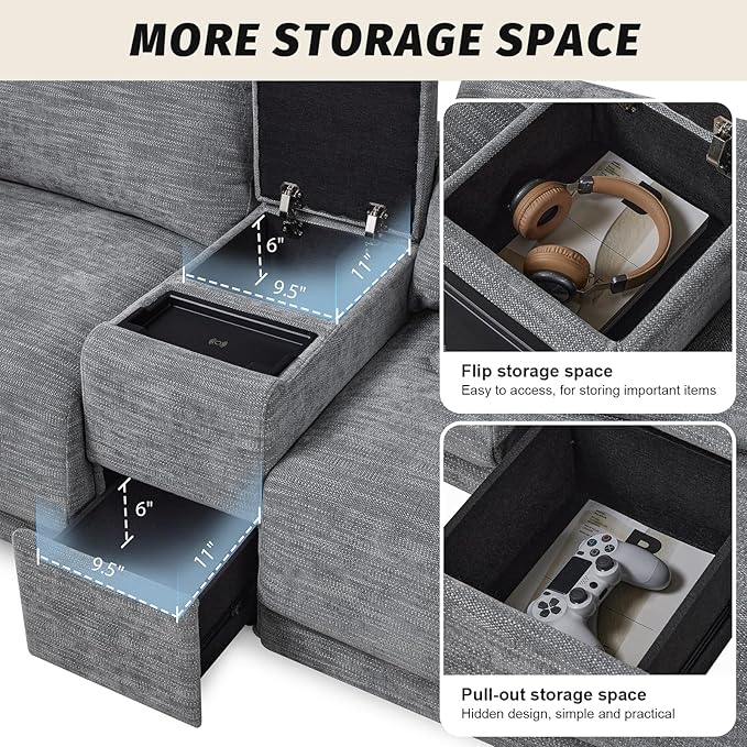 124 Modular L-Shaped Sectional Sofa with Storage Console Movable Ottoman &amp USB/Wireless Charging - 33 Wide Seats 12 Thick Cushions 4-Piece Chenille Couch for Living Room &amp Apartments (Gr