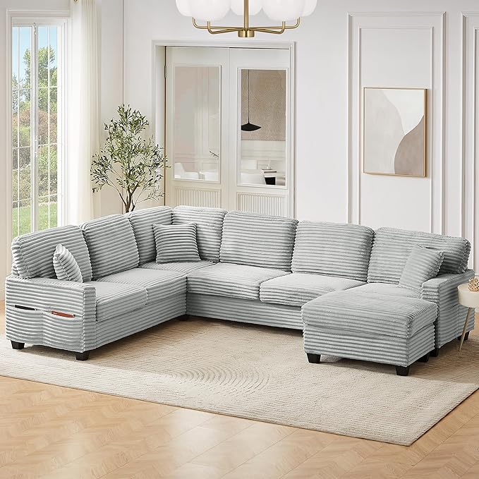 125.2 Sectional Sofa U-Shaped Upholstered Sofa L-Shaped Couch with a Movable Ottoman and Side Storage Pockets for Living Room Grey