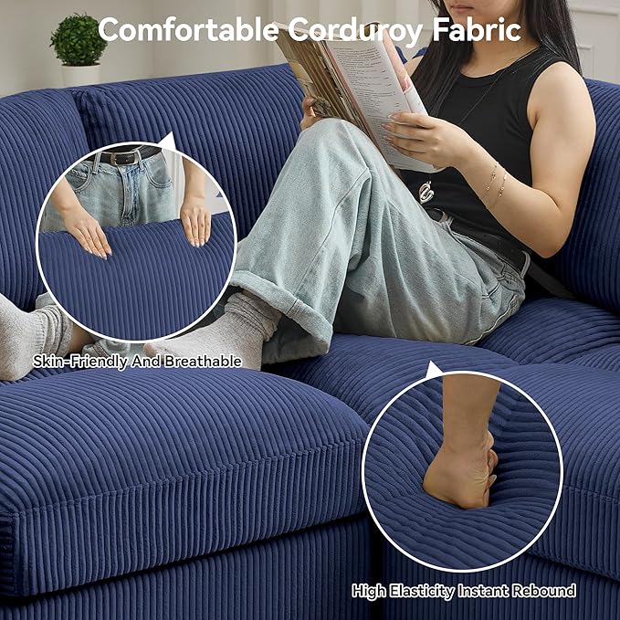 118'' U-Shaped Sectional Couch with 2 Ottoman Oversized Modular Couches for Living Room Corduroy Deep Seat Cloud Sofa with Center Stitched Blue