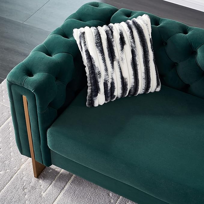 Chesterfield Modern Tufted Velvet Living Room Sofa with High Armrest and Metal Legs Decor 84.25''W 3 Seater Couch Couches Furniture for Bedroom Office (Green)