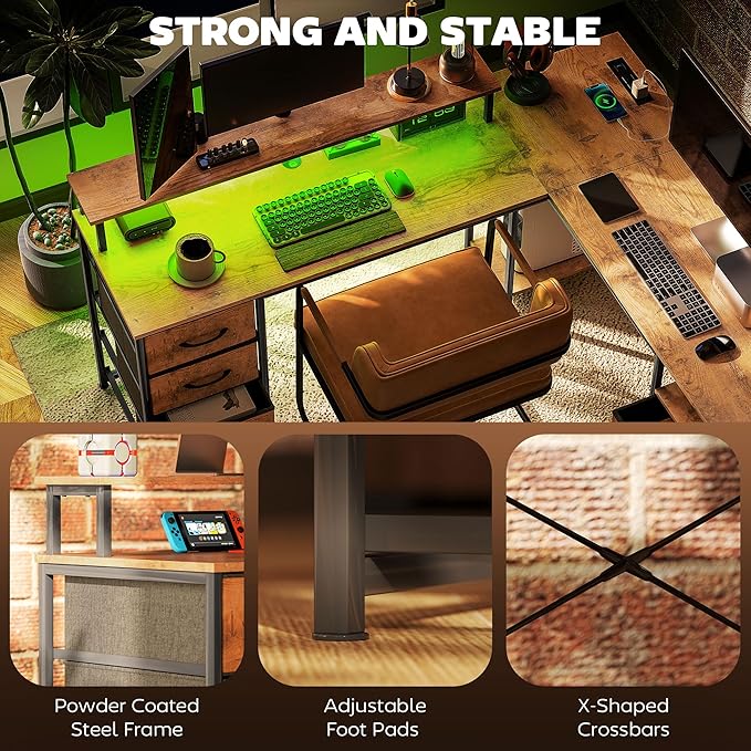 HOMCOM 66 L Shaped Gaming Desk Reversible 105 2 Person Computer Desk with File Cabinet and Fabric Drawers Power Outlets and LED Lights Monitor Stand Rustic Brown