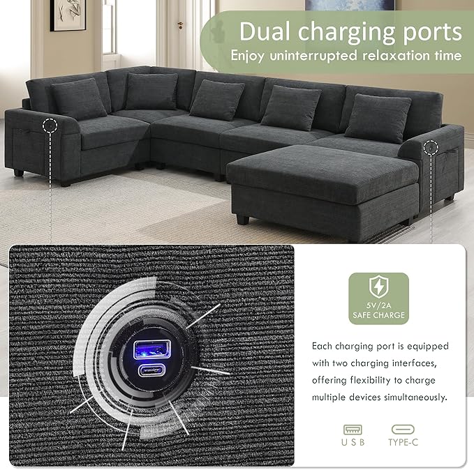128*67 U Shaped Sectional Sofa 6 Seat Chenille Couch Set with Oversized Ottoman Hidden Armrest Storage and Cup Holders USB Charging Ports Wide Seat Sofa for Living Room Apartment Black