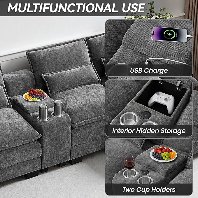 125 U Shaped Cloud Modular Sectional Couch for Living Room Small Comfy Chenille Sofa with Double Chaise Lounge Storage Central Console Cup Holders USB PortGrey