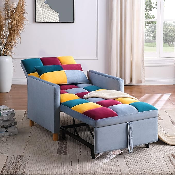 3-in-1 Convertible Chair Sleeper Sofa Bed with Adjustable Backrest Sleeper Chair Pull Out Bed for Small Space (Rainbow)