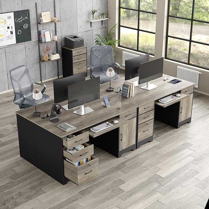 59” Executive Desk with 3 Drawers Computer Desk with Storage Cabinet Industrial Wood Desk with File Drawer Keyboard Tray &amp Power Outlets for Home Office Gray