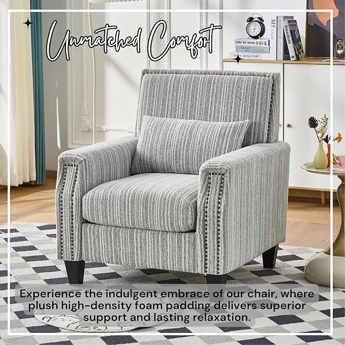 Stripes Accent Chair Modern Upholstered Boucle Fabric Armchair Single Sofa with Wood Legs for Living Room Patio Grey Stripes.