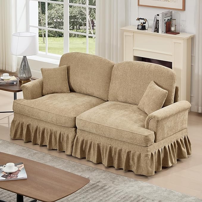 76 Chenille Loveseat Couch for Living Room Traditional Sofa with Detachable Ruffled Skirt Flared Arms Spindle Legs Comfy Mid Century Small Couches for Bedroom Small Spaces Apartment(Coffee)