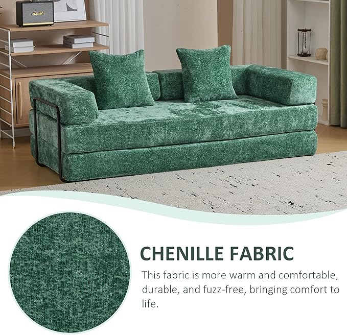 Folding Sofa Bed Modular Sectional Cloud Couch Convertible Sleeper Sofa Bed with Pillow Back Support Armrest for Living Room Bedroom Lounge No Assembly Required Chenille(Dark Green)
