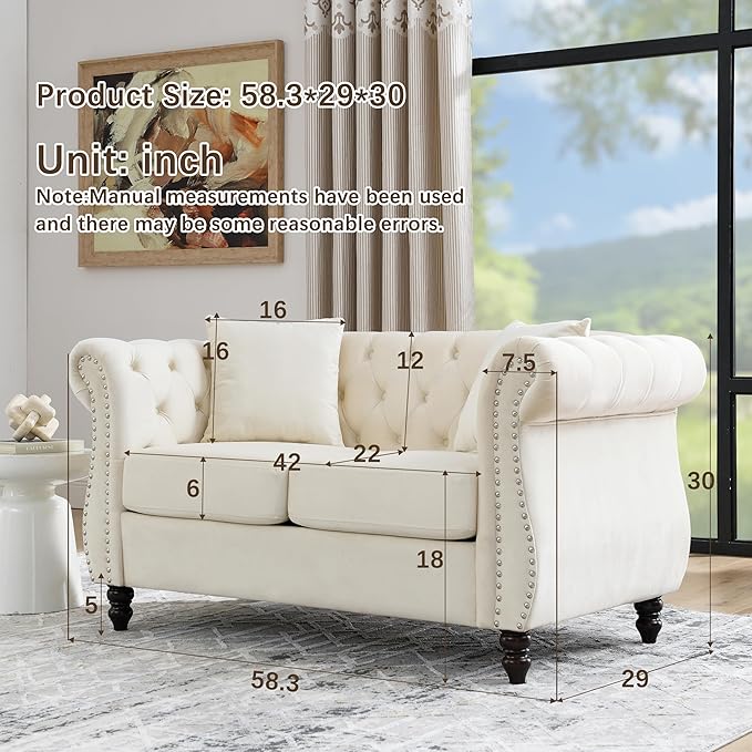 59 Chesterfield Loveseat Velvet Sofa for Living Room2-Seater Sofa Tufted Couch with Two PillowsRolled Arms and Nailhead for Living Room Bedroom OfficeBeige