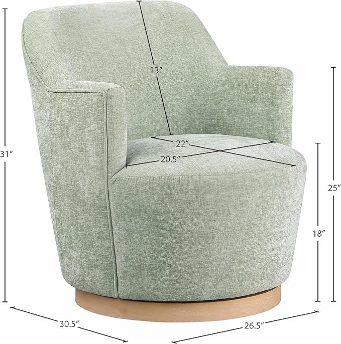 Meridian Furniture 449Mint Clarita Collection Modern | Contemporary Swivel Accent Chair with Soft Mint Chenille Fabric Natural Wood Finish Base 26.5 W x 30.5 D x 31 H Mint