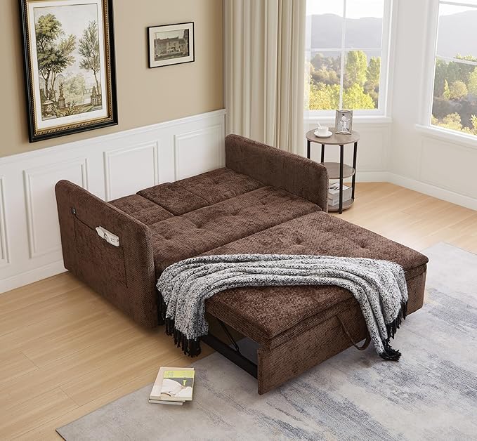 57.48 Convertible Sofa Bed with Cup Holder Pull Out Sleeper Sofa Bed with USB Charging Ports 3 in 1 Convertible Sleeper Sofa Bed for Living Room Apartment Bedroom RV Brown