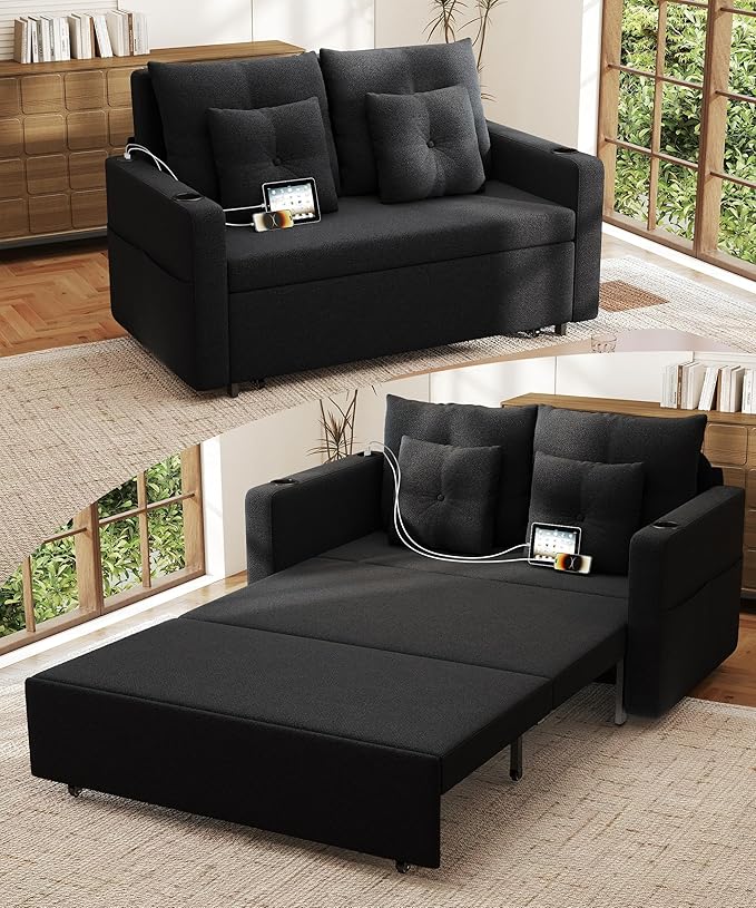 3 in 1 Sofa Bed 56 Inch Convertible Pull Out Couch Loveseat Sleeper Sofa with Cup Holders USB Couch Bed for Living Room Bedroom Apartment Black