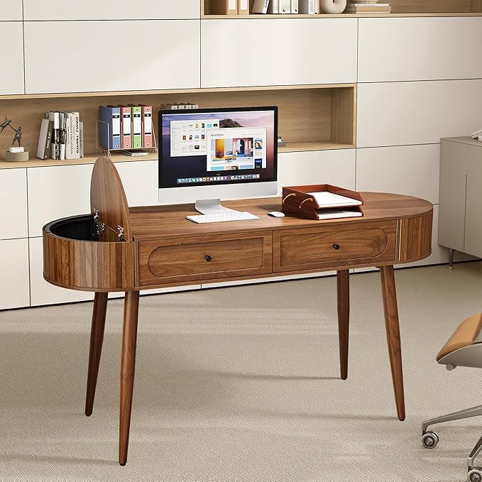 Mid-Century 59 Wood Writing Desk Home Office Computer Laptop Desk with 2 Flip Storage Space + 2 Drawer 150 CM Elegant Fluted Vanity Table Multifunctional Study Desk for Office Bedroom (Wlanut)