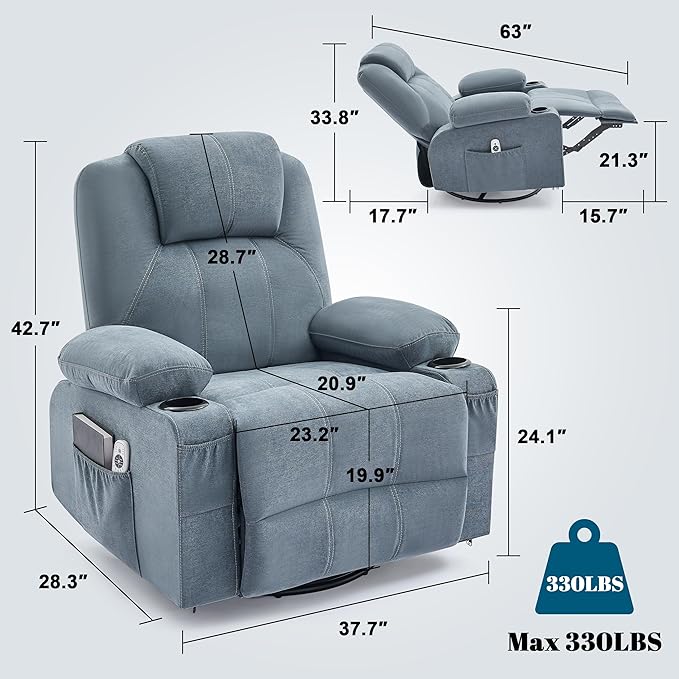 Swivel Rocker Recliner Chair with Heat and Massage Big Oversized Rocking Single Sofa for Living Room 360 Degree Swivel Recliner Chair with USB Port and Cup Holders (Fabric Blue)