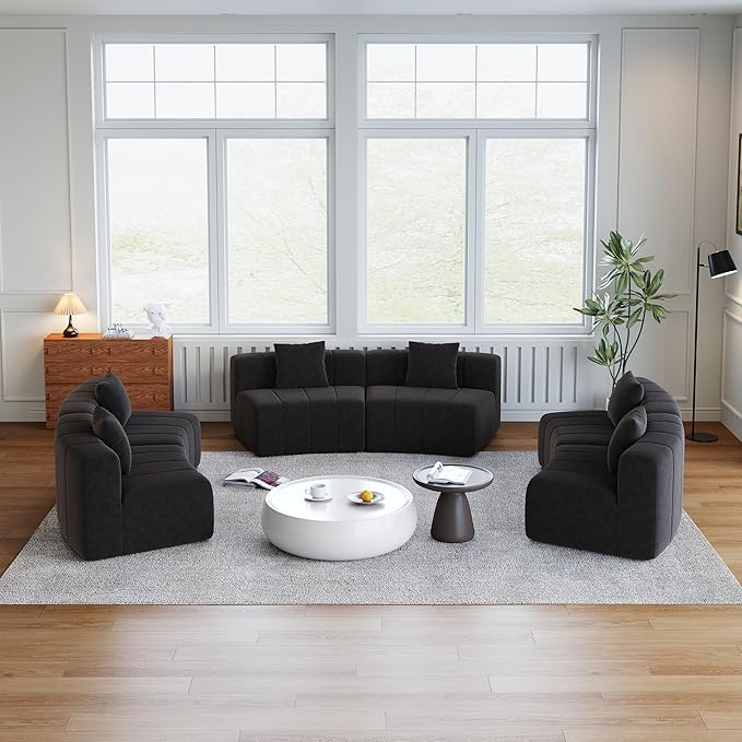 KEIKI Chenille Curved Sectional Sofa 6 Seat Symmetrical Modular Semi Circular Modular Couch Deep Seat Tufted Corner Sofa for Living Room Lobby Black