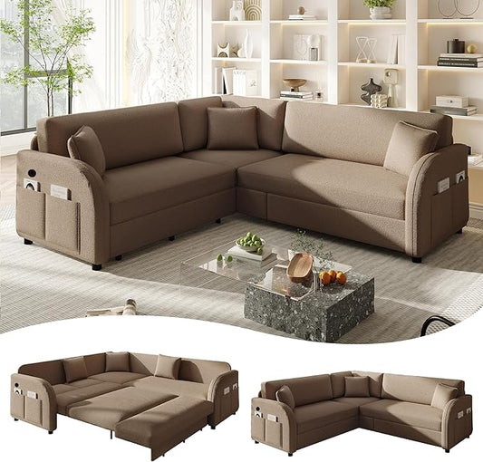 GNIXUU 85.1 L Shaped Couch with Pull Out Bed Convertible Sectional Sleeper Sofa with USB Port &amp Side Pockets 5 Seat Oversized Modular Teddy Cloud Couches for Living Room Apartment Brown