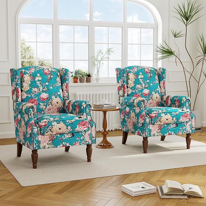 Floral High Back Accent Chair Upholstered Armchair with Solid Wood Legs Comfy Wingback Reading Single Sofa Chair for Small Spaces Living Room Bedroom(Floral Peacock Blue Set of 2)