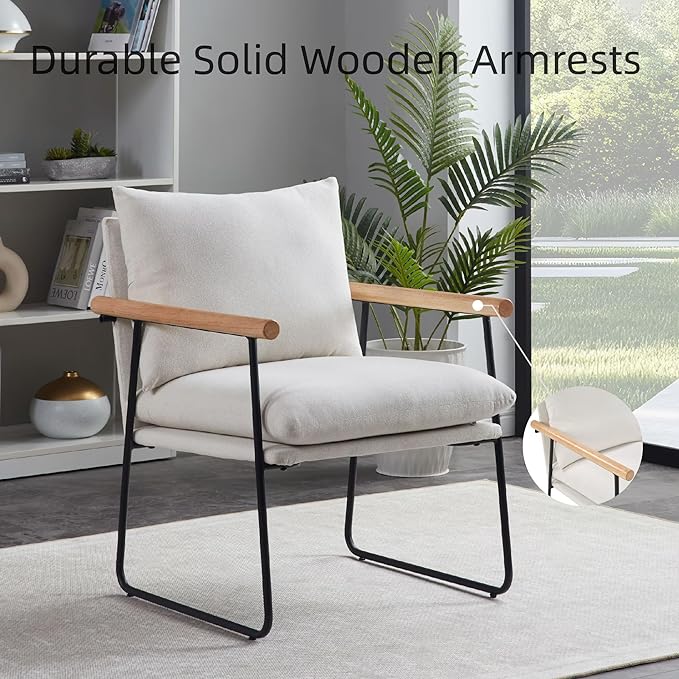 Modern Accent Chair with Removable Cushion &amp Wood Armrests - Ergonomic Vanity Chair for Living Room Bedroom Balcony 396lbs Capacity Corduroy Fabric Comfy Chair with Easy Assembly (White)