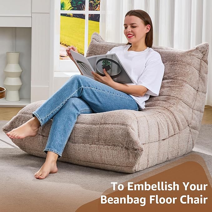 Bean Bag Chairs for Adults Giant Bean Bag Chair Memory Foam BeanBag Chair Bean Bag Sofa with Filler Faux Fur Fireside Beanbags Lazy Sofa for Living Room Bedroom Office (Brown Plush Single)