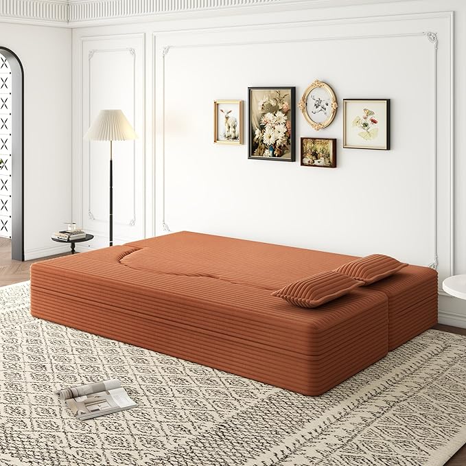 2 in 1 Folding Floor Couch Sofa Bed with 2 Pillows Convertible Sleeper Sofa Modern Full Mattress for Living Room Guestroom Plush Corduroy Floor Sofa BedNo Assembly RequiredOrange
