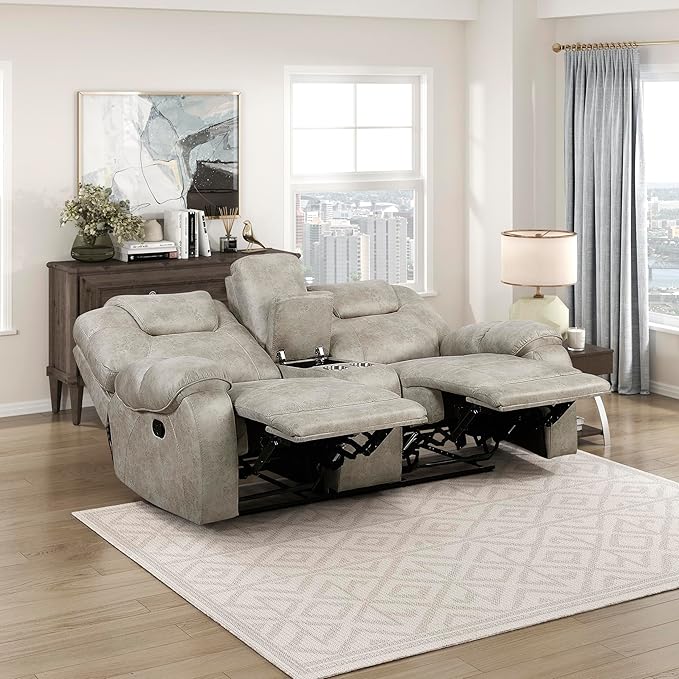 Lexicon Manual Double Reclining Loveseat Polished Microfiber Manual Wall Hugger Loveseat Recliner for Living Room Center Storage Console/Cup Holders/Pillow Top Arm Easy Assembly Pewter