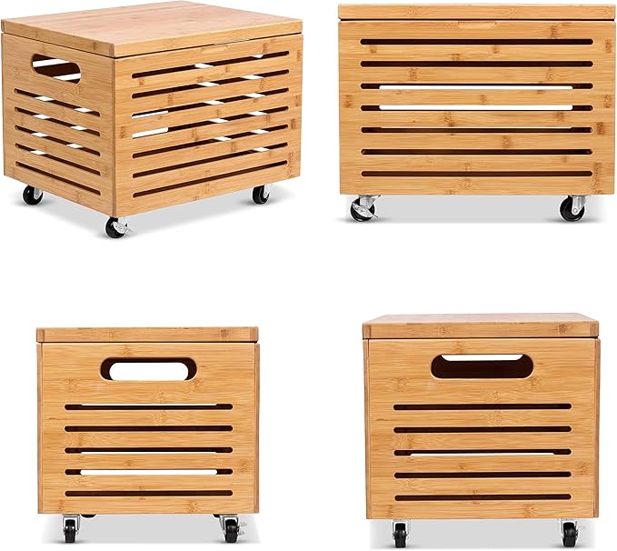 BIRDROCK HOME Rolling File Storage Organizer Box with Lid (New Version) - Bamboo Decorative Wood Hanging File Box for Letter/Legal Documents Binders Blankets - Durable Office Organizer - Natural