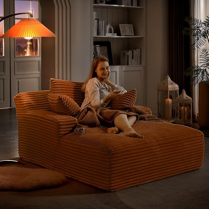 KEIKI 66 Oversized Chaise Lounge Chair No Assembly Boneless Sleeper Style Lounger for Living Room Plush Corduroy Upholstery Deep Seat for Relaxing Reading Napping &amp Daily Home Comfort