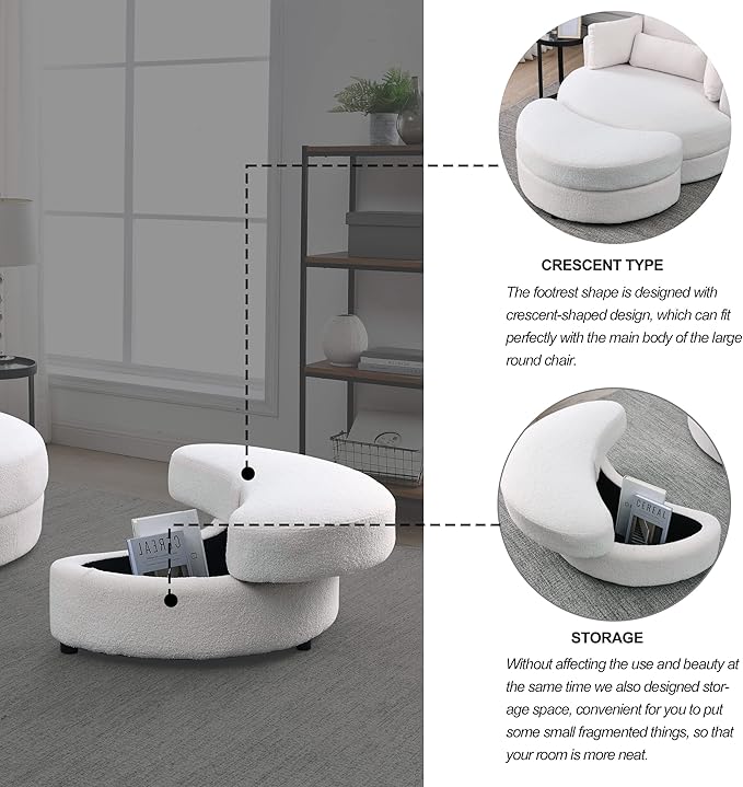 Yoglad Modern Swivel Accent Round Chair Barrel Sofa with Storage Ottoman Oversize Lounge Chair Linen Fabric Round Chair with Pillows for Living Room Office (Lvory 51)