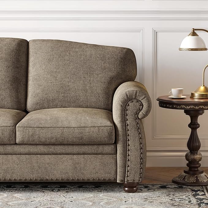 ONBRILL 90 Inch Rolled Arm Sofa for Living Room Deep Seat Nailhead Trim Couch Comfy 3 Seater Chenille Couch w/Wooden Leg Springs Seat Cushion Large Traditional Sofa for Farmhouse Brown