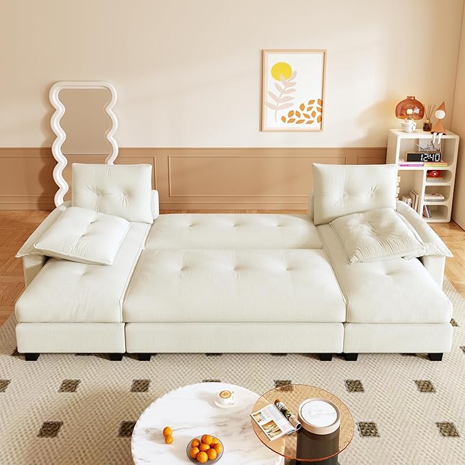 104.7 Modular Sectional Couch Convertible U Shaped Couch with Pull Out Bed Comfy Sleeper Sofa with Removable Armrests &amp USB Ports Modern Sectional Couches for Living Room Beige