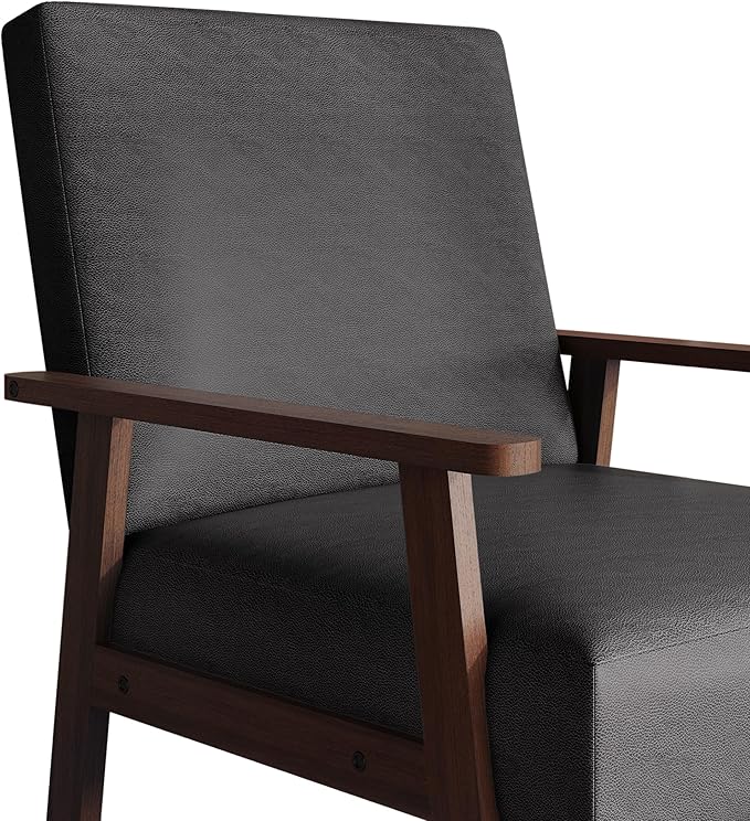 Mid-Century Modern Accent Chair Polyurethane Upholstery Wooden Armrests Cushioned Seat Easy Assembly Grey