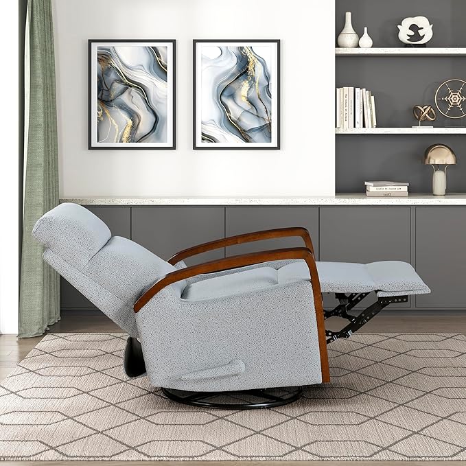 Lexicon 360 Degree Swivel Glider Reclining Chair Soft Boucle Manual Recliner Comfy Nursery Glider Recliner Wood Arms Pull Handle for Living Room/Office/Bedroom/Apartment Gray