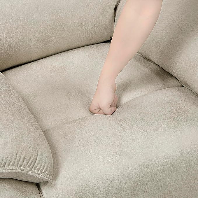 Lexicon Manual Double Reclining Loveseat with Center Console Polished Microfiber Wall Hugger Loveseat Recliner for Living Room Cup Holders Foam Over Pocket Coils Seats Pillow Top Arms Sand