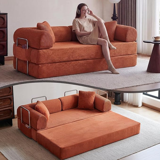 79 Convertible Sleeper Sofa Bed Modern Corduroy Floor Couch Bed with Fixed-Shape Frame Modular Sofa Couch with Pull Out Bed Boneless Loveseat Sleeper Couches for Living Room Orange