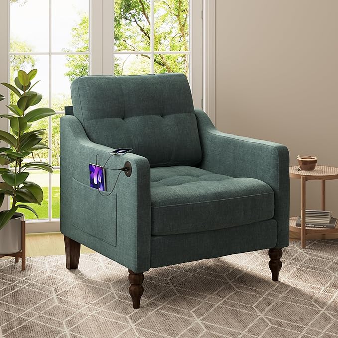 Accent Chair for Living Room Mid-Century Armchairs for Small Spaces Chenille Upholstered Comfy Reading Armchair with Studded for Bedroom (Dark Green-B)