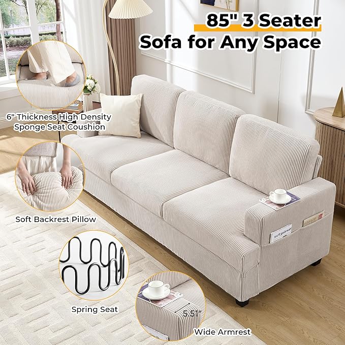 85 Inch Sofa with Side Pocket Corduroy Fabric 3 Seater Couch for Living Room Comfy Modern Small Couch for Bedroom Small Spaces Dorms Office Beige
