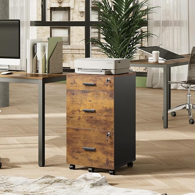DEVAISE 3 Drawer Rolling File Cabinet with Lock Wood Filing Cabinet fits Letter / A4 Size for Home Office Rustic Brown