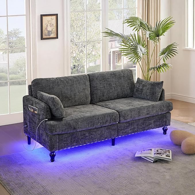 69 Loveseat Couch 2-Seat Upholstered Sofa Couch Mid-Century Modern Tufted Sofa with USB Charger LED Lights and Side Pocket Chenille Fabric Couches for Living Room Apartment (Gray)