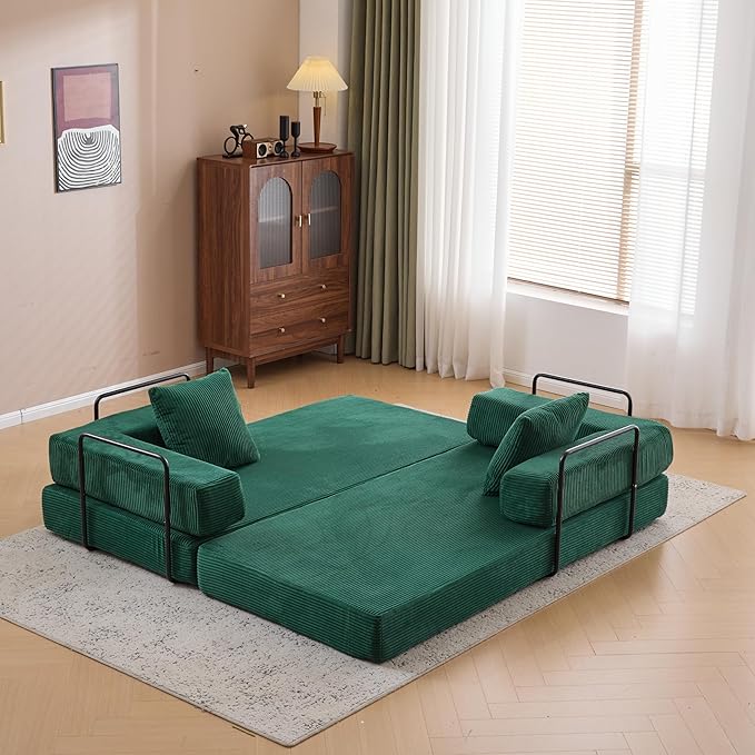 Folding Convertible Sofa Bed 4-in-1 Boneless Couch Sleeper Sofa 76.8'' Corduroy Foldable Mattress Couch with Fixed-Shape Frame Floor Sofas Modular Futon Couches for Living Room Dark Green
