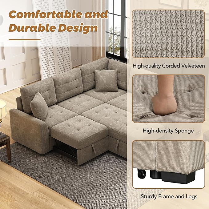 Velvet Fabric L-Shape Reversible Sleeper Sectional Sofa Couch 2 in 1 Pull Out Convertible Sofa Bed with Wheels and USB Ports for Living Room Apartment Office