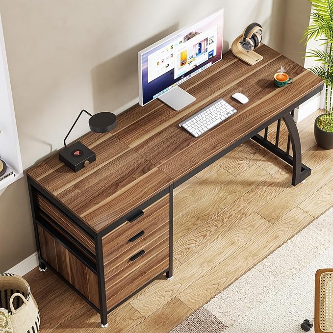 Tribesigns Computer Desk with 3 Drawers 59-Inch PC Desk with Reversible Drawers Industrial Study Writing Table Workstation with File Storage for Home Office Walnut
