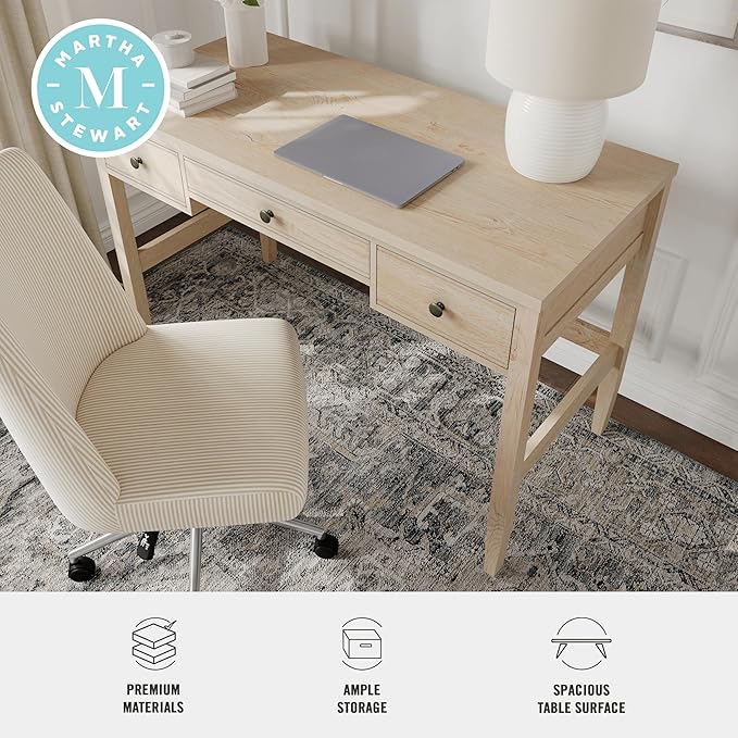 Martha Stewart Rhett Writing Desk with 3 Drawers and Tapered Legs in Light Natural with Antique Bronze Hardware
