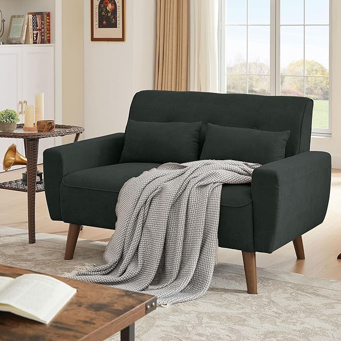 49 Small Loveseat Sofa 2 Seat Black Loveseat Couches Love Seat Sofa Couch with Throw Pillow for Small Spaces Living Room Apartment Dorm Room