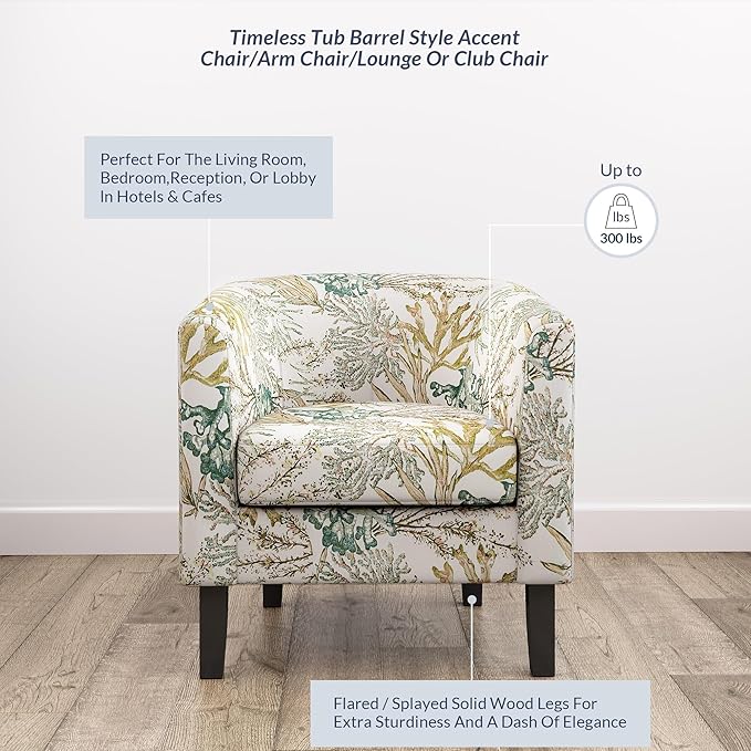 BELLEZE Living Room Chairs Set of 2 Linen Round Accent Barrel Chairs Club Tub Sofa Chairs for Bedroom Corner Chairs with Flared Legs and Cozy Soft Padding - Highland (Green Coral)